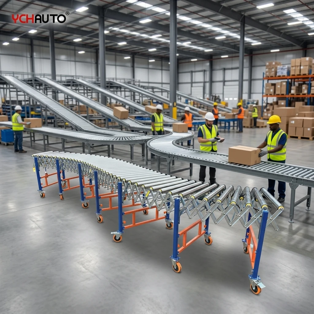 Motor Driven Flexible Multi-V Belt Roller Conveyor Freely Bending Expandable Roller Conveyors for E-commerce Packaging Workshop