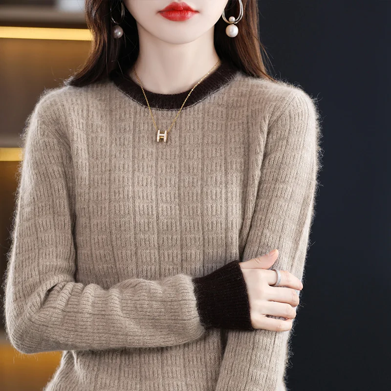 Design sense color blocked jacquard 100% wool sweater women's round neck western-style pullover loose sweater cashmere knit base