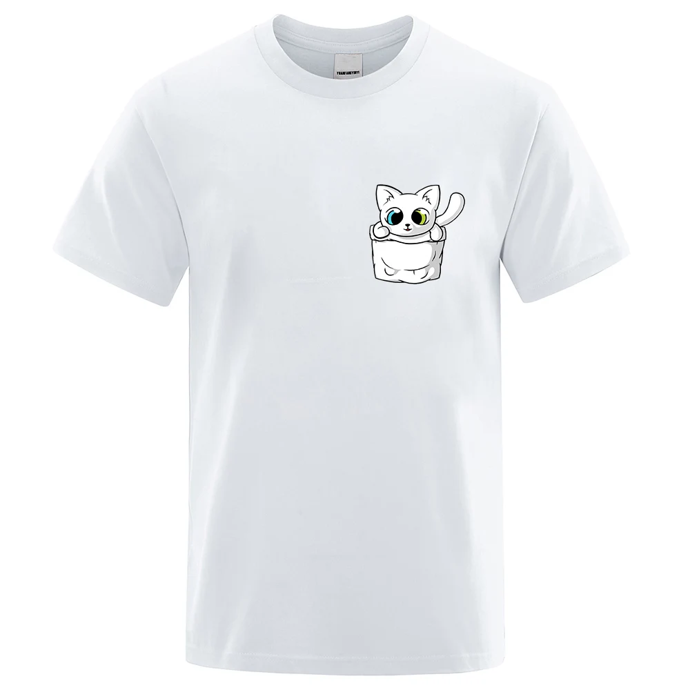 CLOOCL Cotton Pocket T-Shirt Summer Cute Different Pupil Kitten T-shirt Men for Women Shirts Tops Funny Cotton White Tees