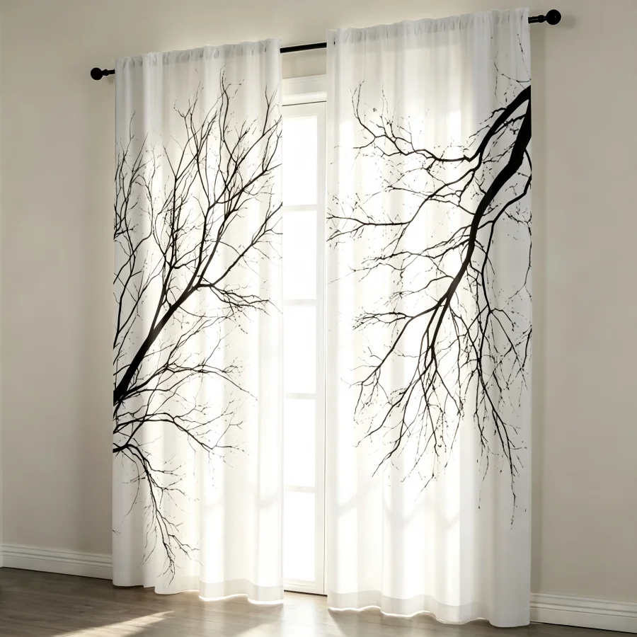2PCS Digital Print  Curtain, Minimalist Tree Branches, Botanical Print Window Drape for Living Room Bedroom Home Decor