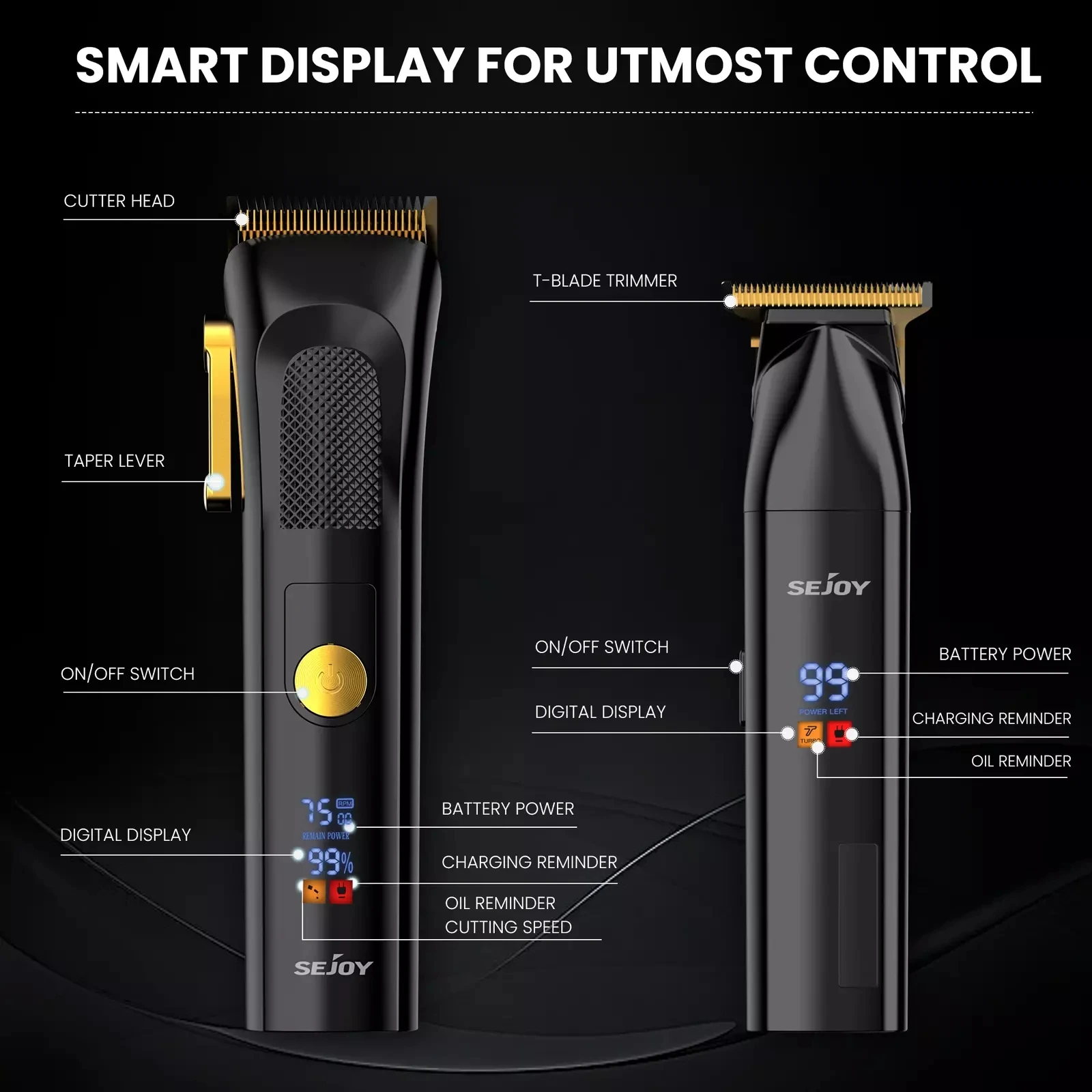 SEJOY Professional Hair Clippers Kit Hair Trimmer and T-Blade Trimmer Kit LED Display USB Fast Charging Barber Accessories