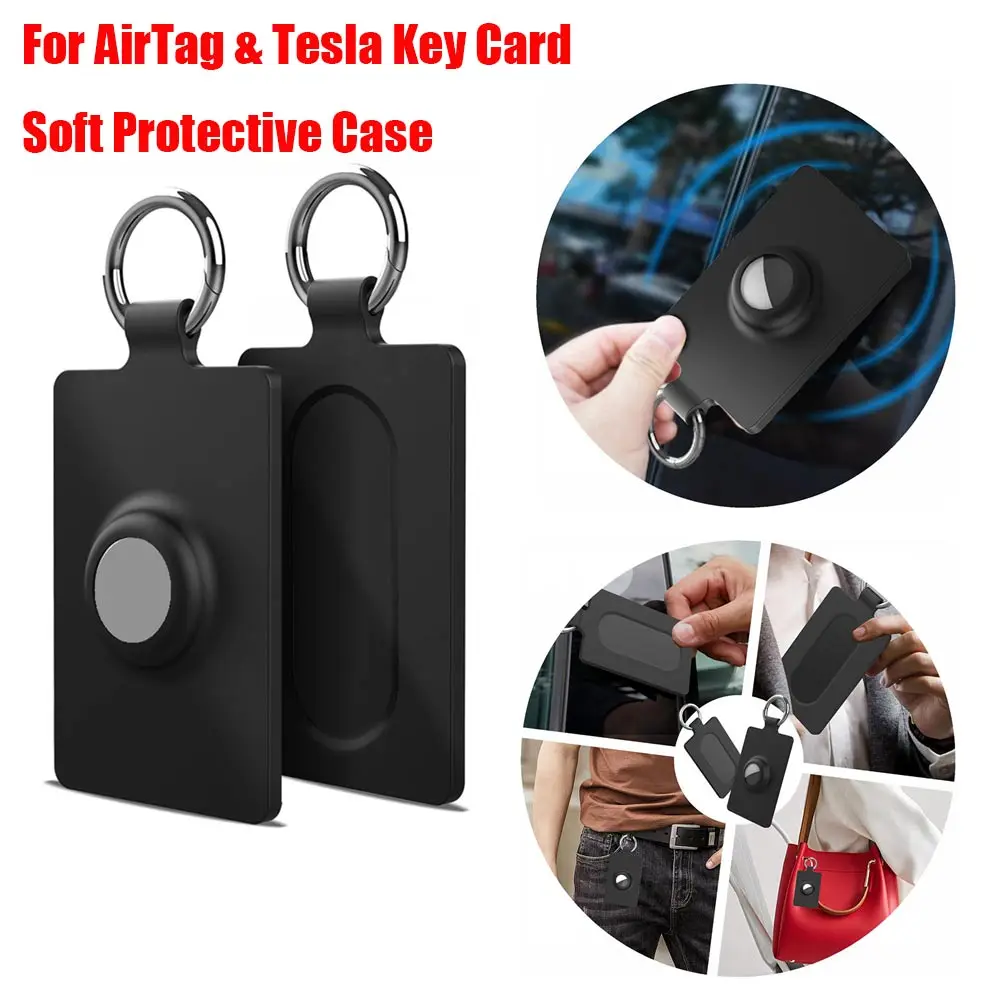 حافظة حامل البطاقات لهاتف Apple Airtag & Tesla Key Card غطاء حماية من السيليكون الناعم مع سلسلة مفاتيح لعلامة الهواء موديل 3 Y S X