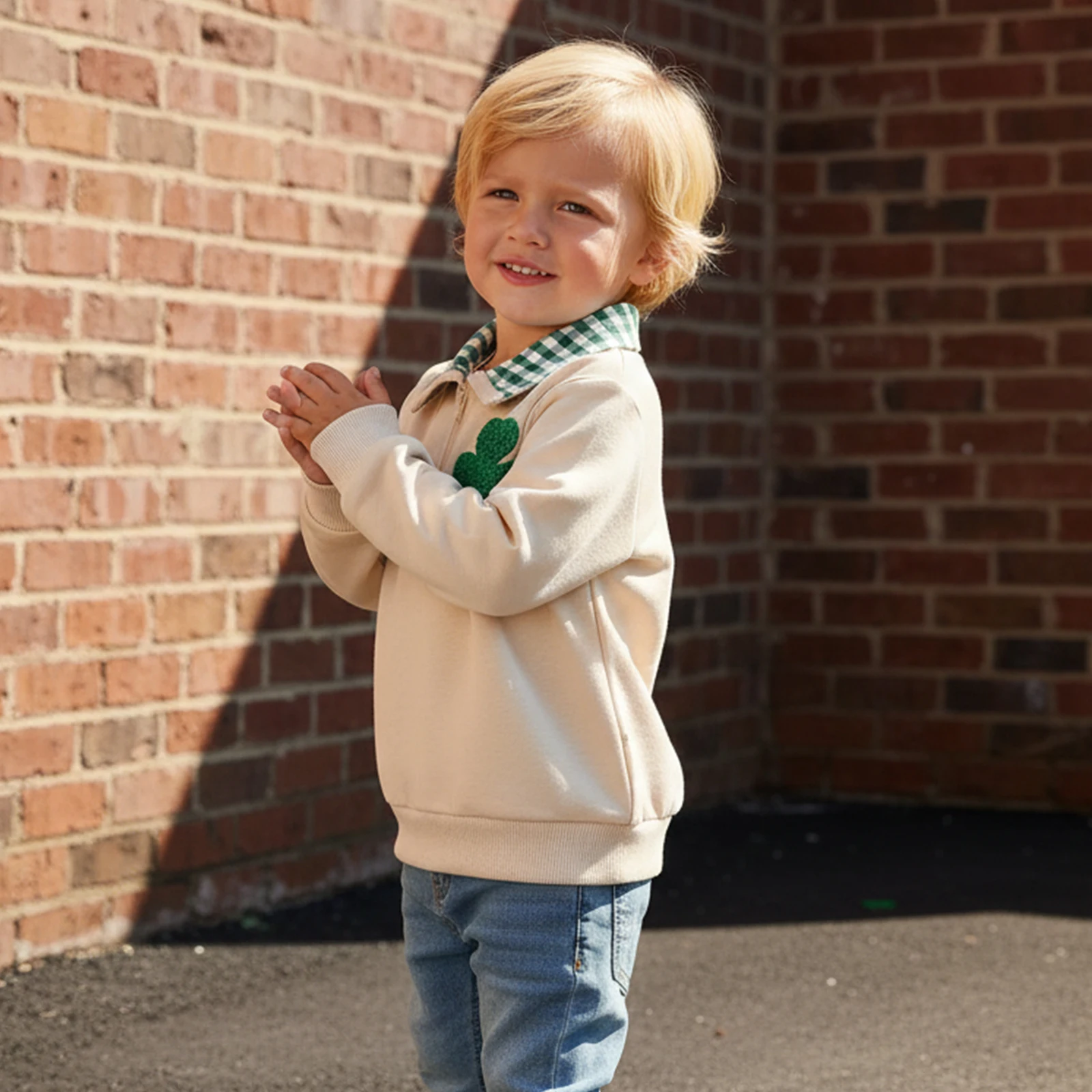 Toddler Baby Boy Irish Tops Fashionable Cute Shamrock Embroidery Long Sleeve Collared Pullover
