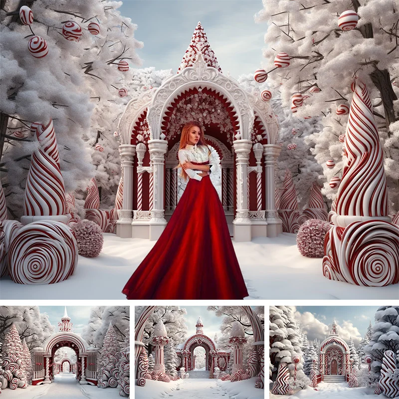 

Christmas Girls Portrait Photo Backgrounds Amusement Park Gate Cedar And Xmas Tree Decoration Backdrops Photography Studio Props