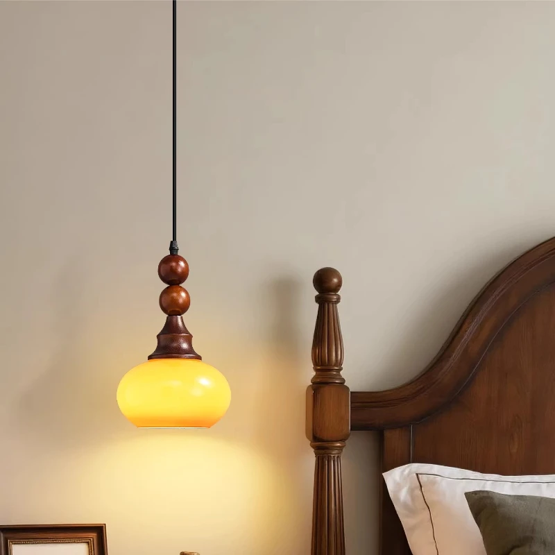 Nordic Designer Led Yellow Glass Pendant Light Living Room Bar Bedroom Kitchen Chandelier 2 Heads Round Ball Wooden Hanging Lamp