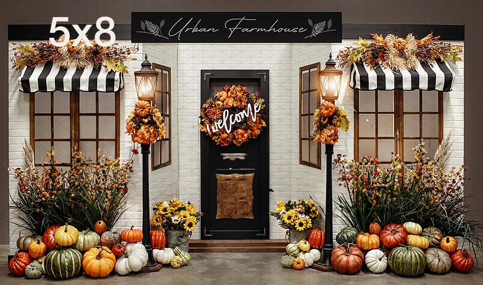 Farmhouse Fall Leaves Pumpkin Window farm themed backdrops computer print party supplies Photography Studio Backgrounds