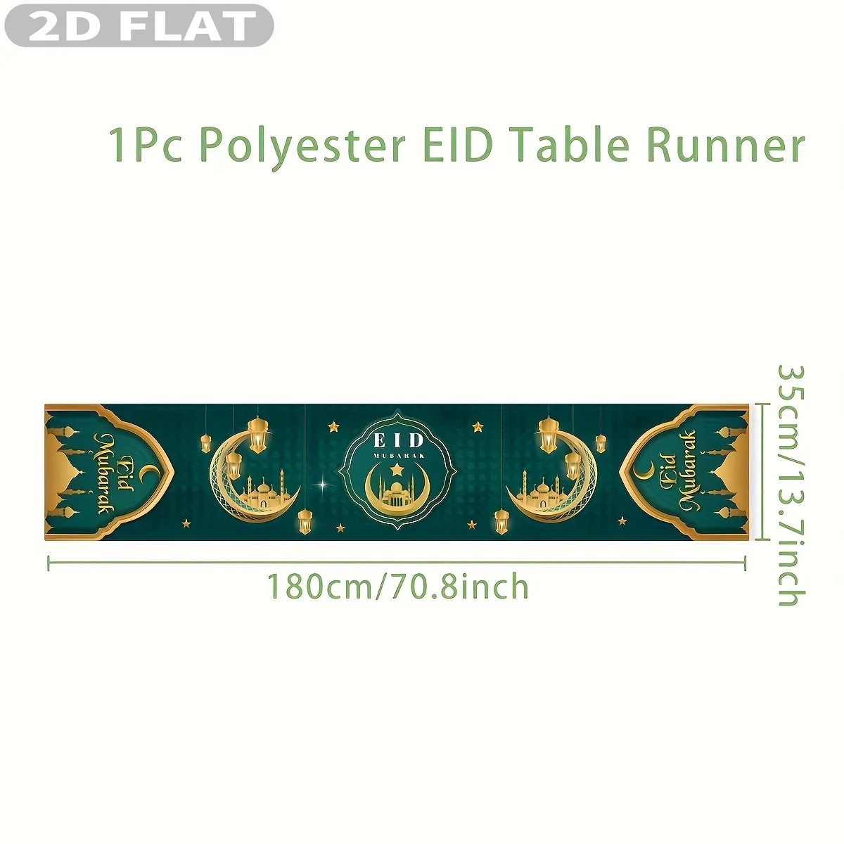 2D FLAT 1pc Eid Mubarak Table Covers -Durable Polyester Golden Stars & Crescent Moon Design, Dark Green & Golden Ramadan Decor