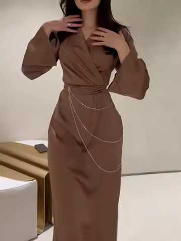 Laxsesu Elegant Bodycon Long Satin Dress Fall Winter V Neck Lace-up Chain Brown Dress Party Evening Maxi Dresses for Women