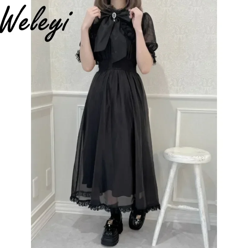 Kawaii Cute Mine Style Rojita Waist Lace Dress Japanese Womens Long Veil Mass Produced Elegant Short Sleeve Large Swing Sukienka