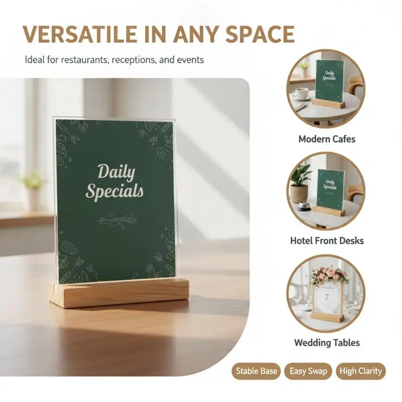 1Pcs Acrylic Sign Holder With Sturdy Wood Base And Clear Acrylic Panel Perfect For Office Restaurant Menu Photo Display