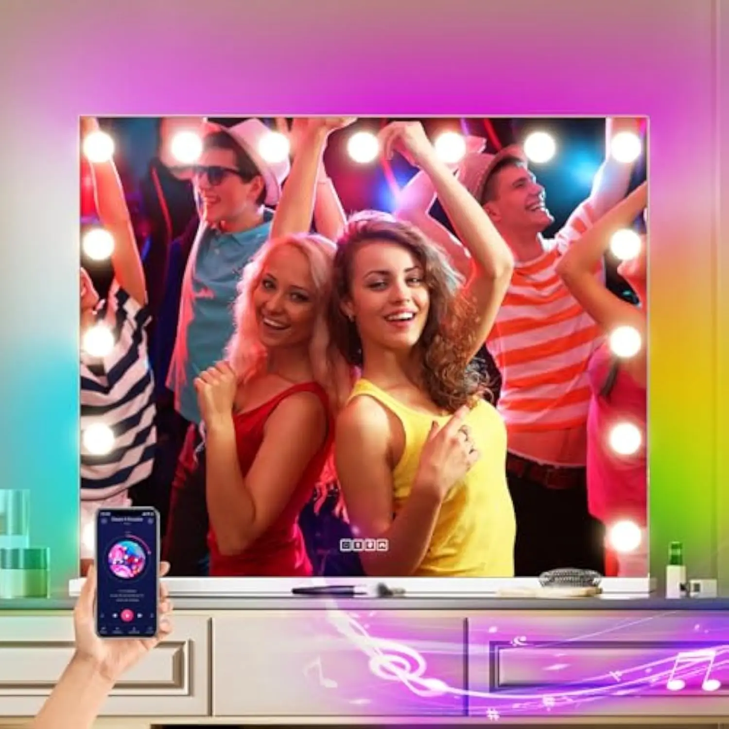 

Vanity Mirror with Lights and Bluetooth, 23x18 Inch 15 Bulbs Front and RGB Backlit Makeup Mirror with Dimmable 3 Color, Temper