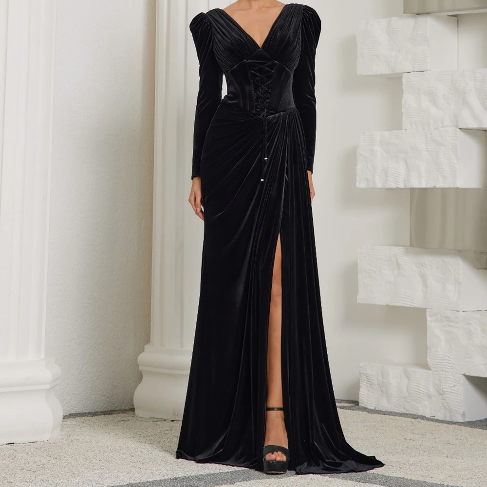 فساتين سهرة حورية البحر مخصصة بطول الأرض ورقبة على شكل حرف V وأكمام طويلة فستان حفلات أنيق مطوي برباط علوي بسيط ثنيات للحفلات