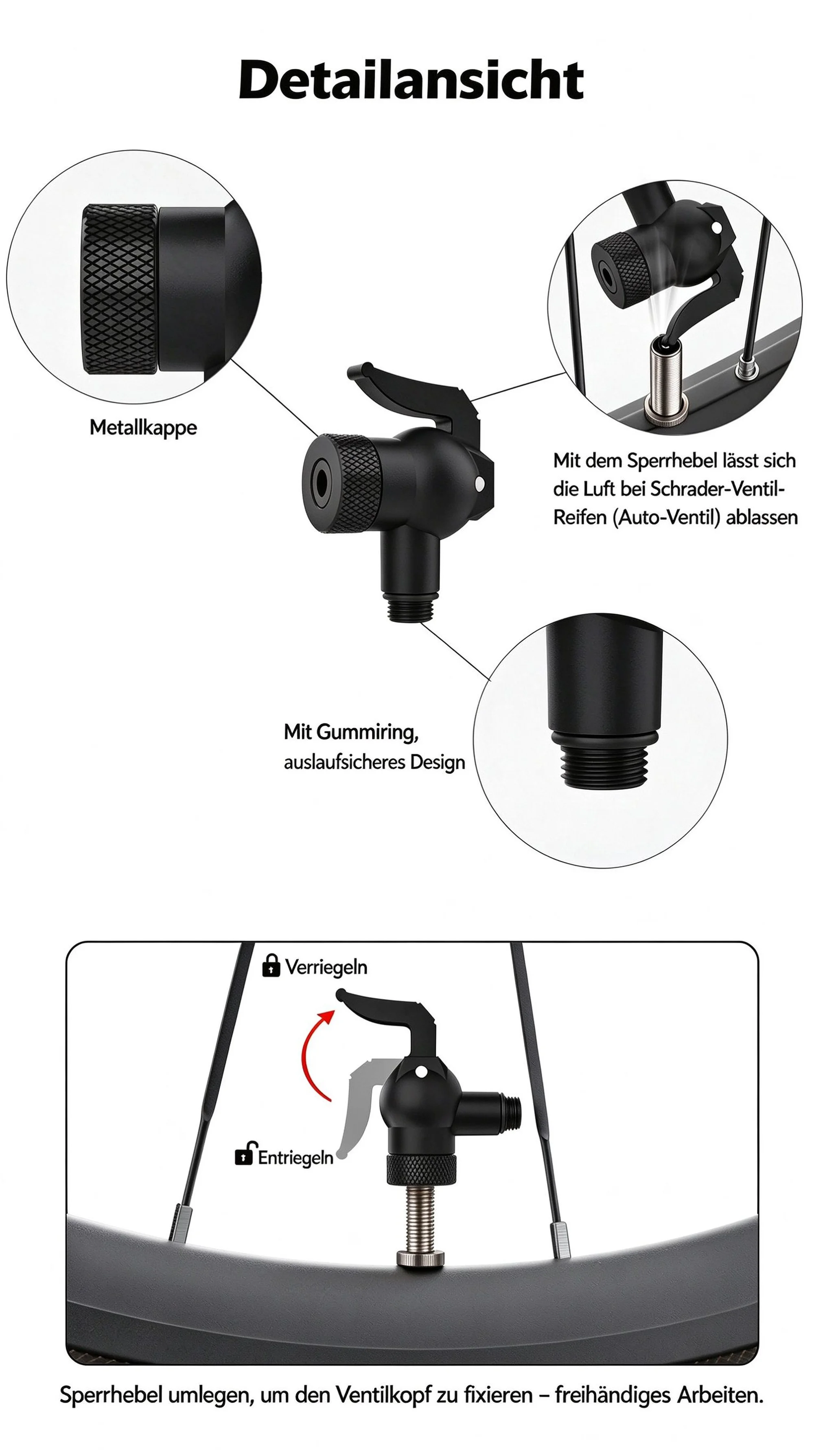 Fahrrad-Luftventiladapter, Schnellkupplung für Luftpumpen, Passend für Presta/Schrader/Clik/Dunlop – Detail 3