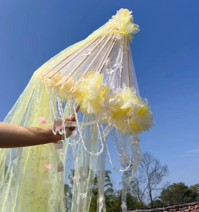 Red 85cm Flower Beach Shade Umbrella Fan Lolita Hanfu Accessories Super Fairy Ribbon Yarn Bead Catwalk Parasol Paraguas