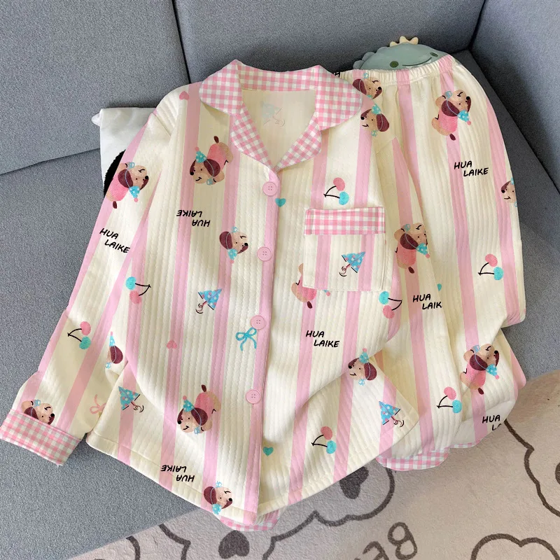 Korean Version Autumn and Winter Sweet Striped Cartoon Ins Style Sandwich Warm Pajamas Set for Home Wear Women's Sleepwear