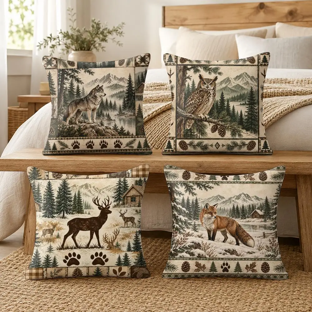 Wild Elk and Bear Forest Cushion Cover Soft Short Plush Pillow Cover Smooth Cozy Texture Cushion Case Home Decor