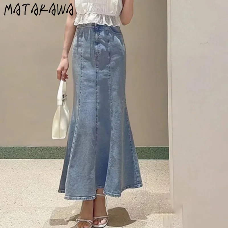 Matakawa rok Denim wanita Ruffles gaya Jepang musim semi musim gugur Solid Faldas Mujer mode antik rok panjang ramping manis