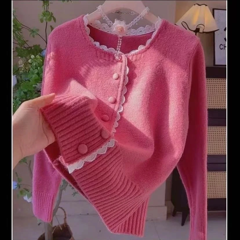 2025 Primavera Nuovo maglione cardigan in pizzo Giacca lavorata a maglia da donna stile versatile Cappotto maglione lavorato a maglia monopetto moda autunnale