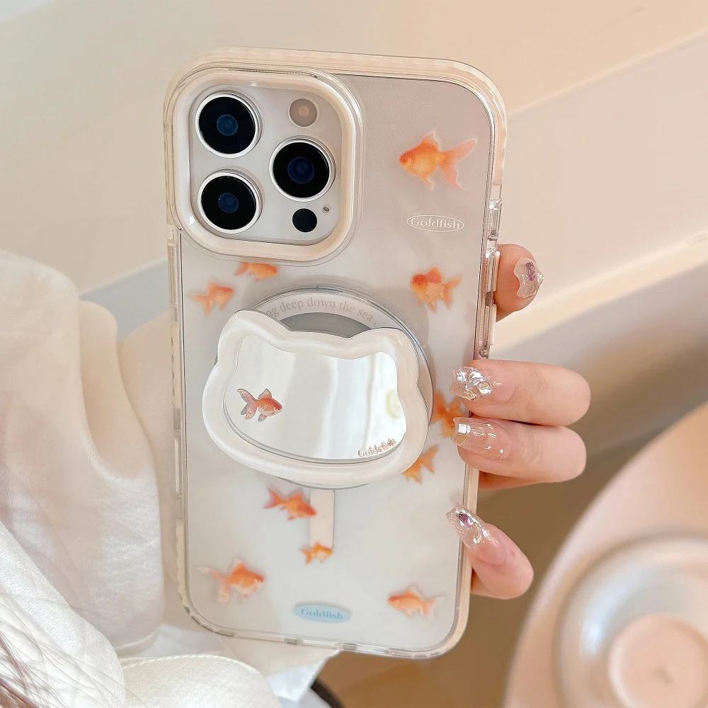 مرآة مكياج كورية لطيفة على شكل قطة لهاتف Magsafe Griptok حامل الهاتف البنصر حامل دعم لهاتف iPhone 16 Girl Bracket