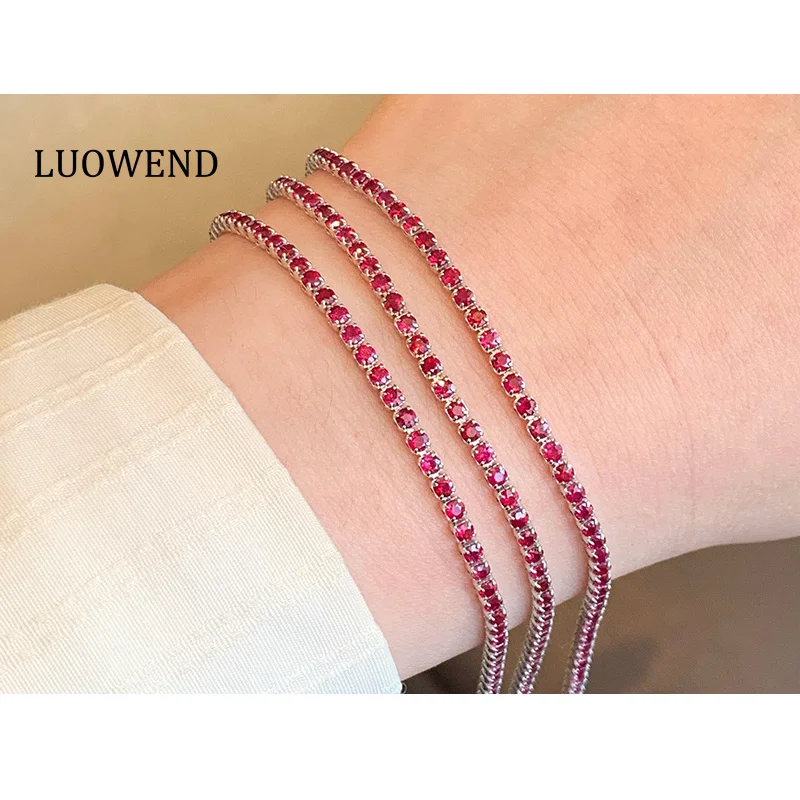 

LUOWEND 100% 18K White Gold Bracelet Luxury Tennis Style Natural Ruby Gemstone Bracelet for Women Senior Banquet Fine Jewelry