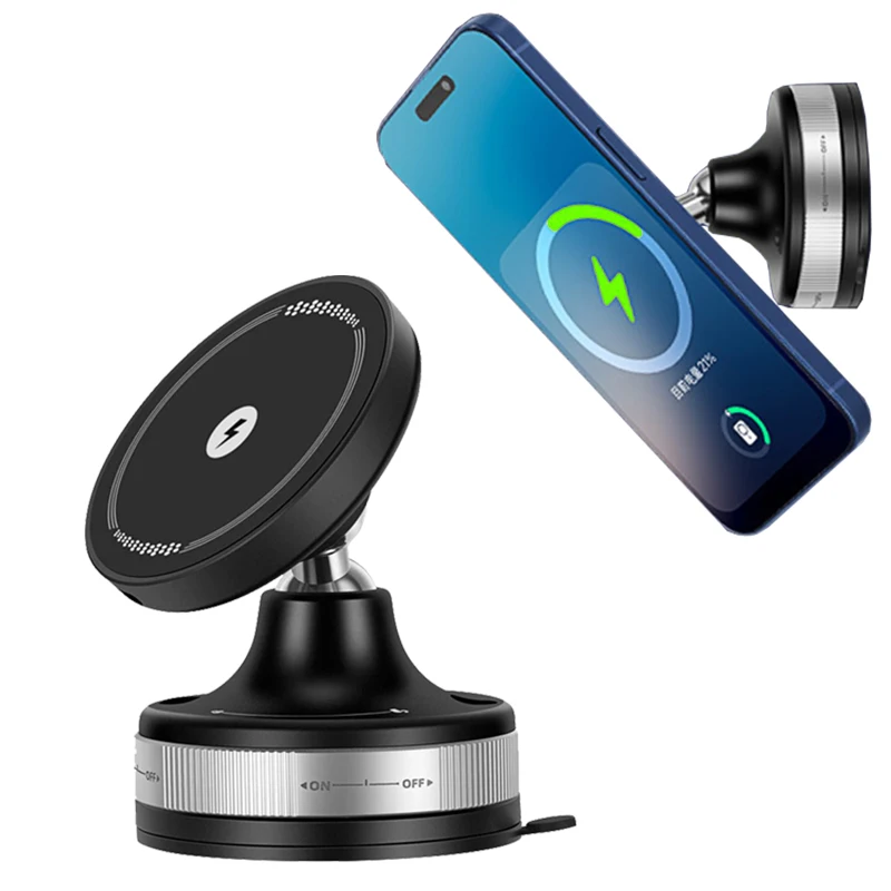 

Магнитное беспроводное зарядное устройство мощностью 15 Вт, 360° ° Поворотный автомобильный держатель для вакуумных патронов для iPhone 17 ~ 12 Samsung Xiaomi, станция быстрой зарядки