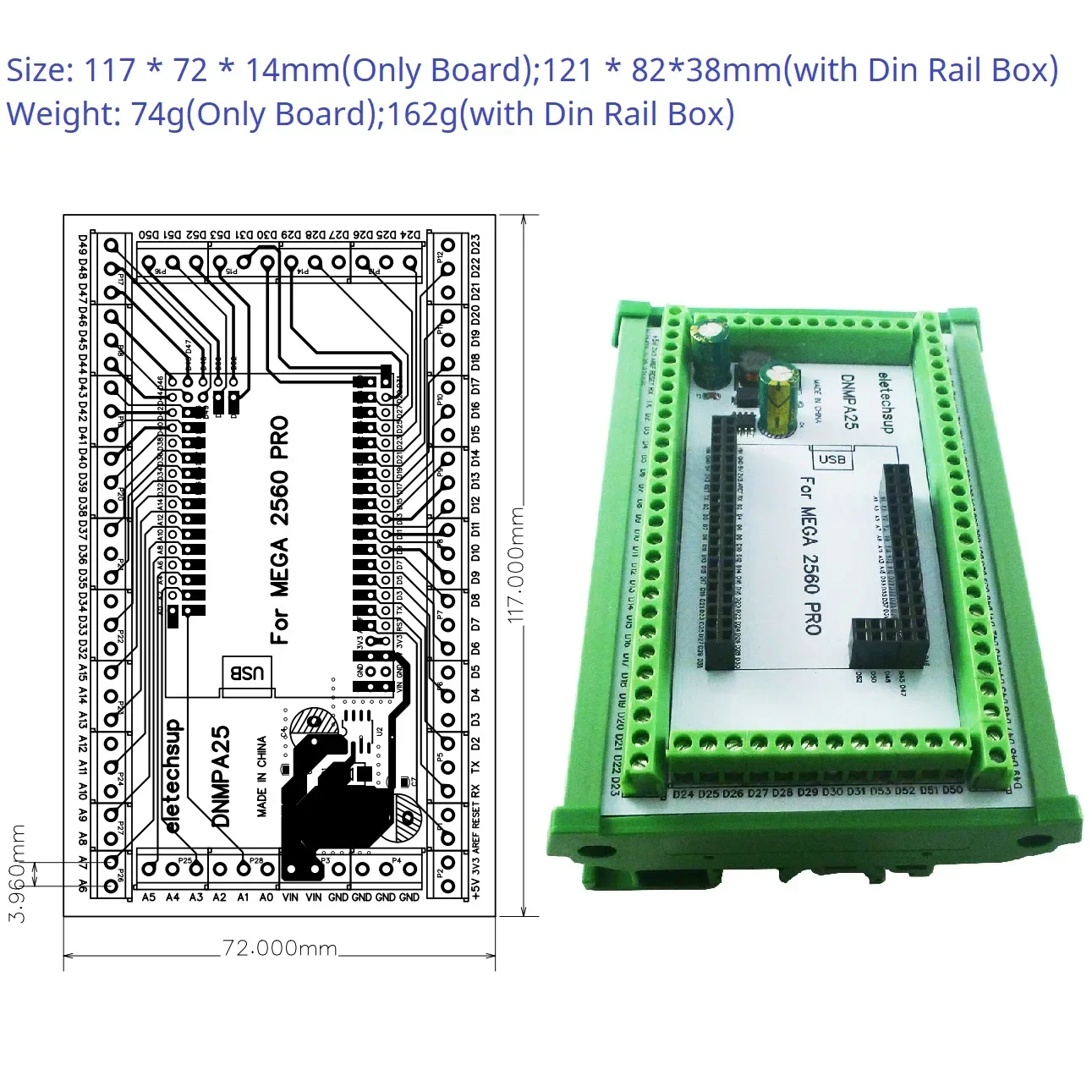 DNMPA25 3.96mm Mount Screw Terminal Block Adapter Module DC-DC 5V 2A MEGA2560 PRO DIN Rail Expansion Board Converter for Arduino