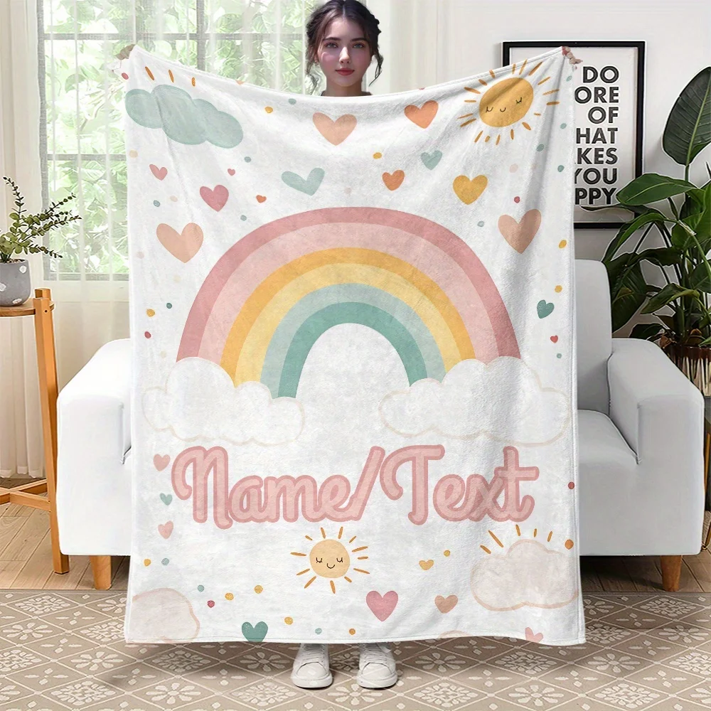 1Pc Custom Name/Text Macaron Rainbow Design Flannels Blanket, Soft and Comfortable, Suitable for Office, Home, Unique Present