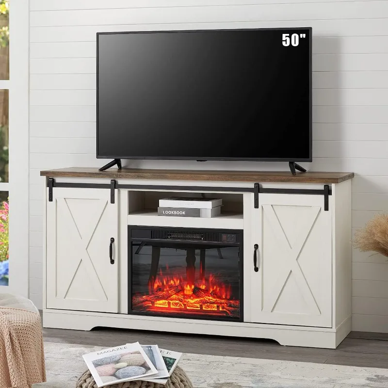 

Fireplace TV Stand with Sliding Barn Door for TVs up to 65", Farmhouse 59" Fireplace Entertainment Center with Storage Cabinets