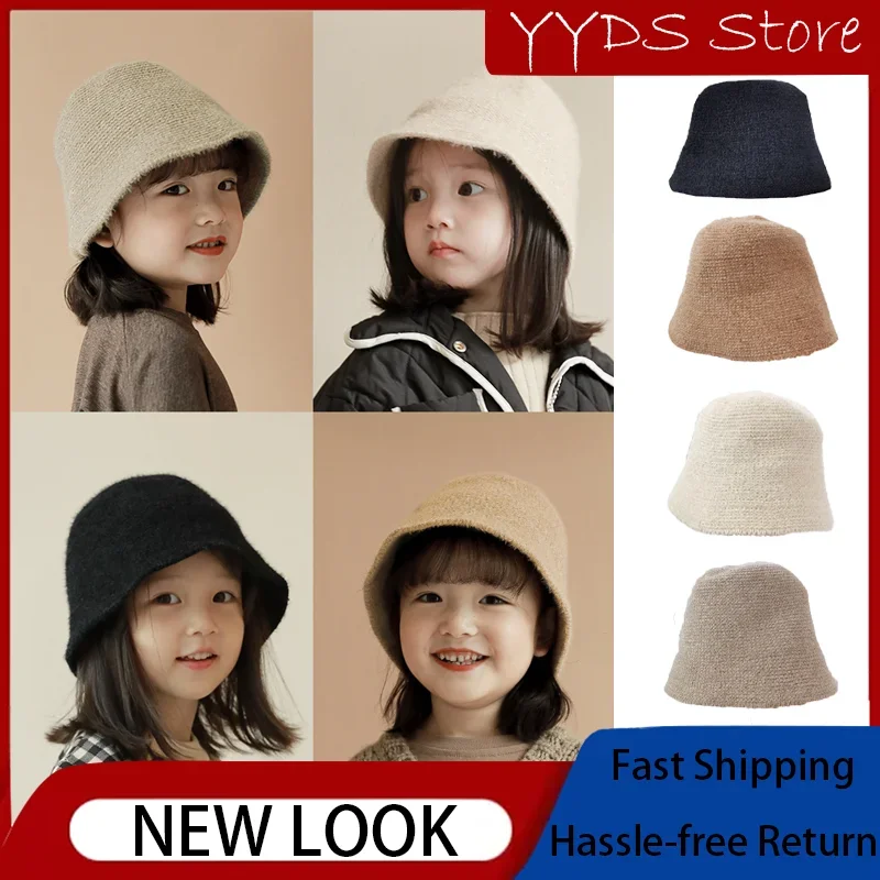 Children's Hats Winter Japanese Ins Style Girl Chenille Bucket Hats  Baby Solid Color Short-brimmed Knitted Bucket Hat