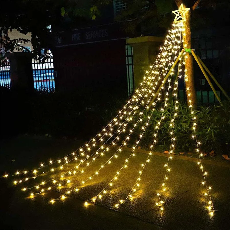 Holiday Lighting LED Christmas Lights 8 Modes Outdoor Garland Star Waterfall Fairy String Lights for Party Garden Backyard Decor