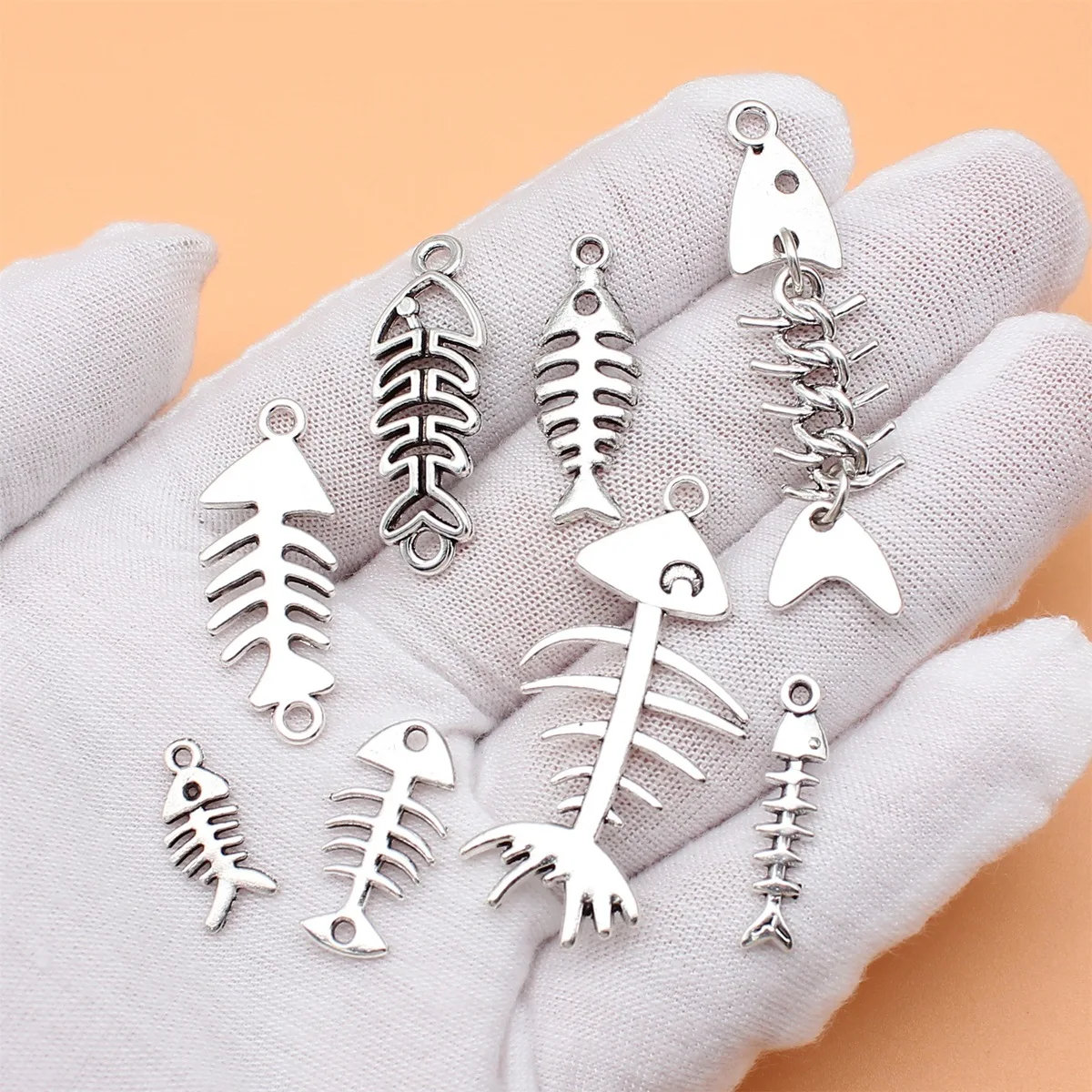 8pcs Antique Silver Color Fish Bones Charms Collection For DIY Jewelry Making, 8 Styles, 1 of Each