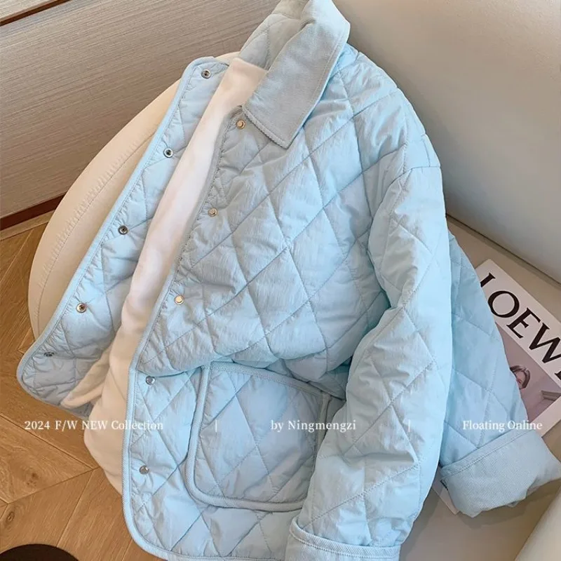 

Women Clothing Autumn Winter Fashion Korean Button Solid Color Turn-down Collar Female Fleece Lingge Appear Thin Cardigan Coat