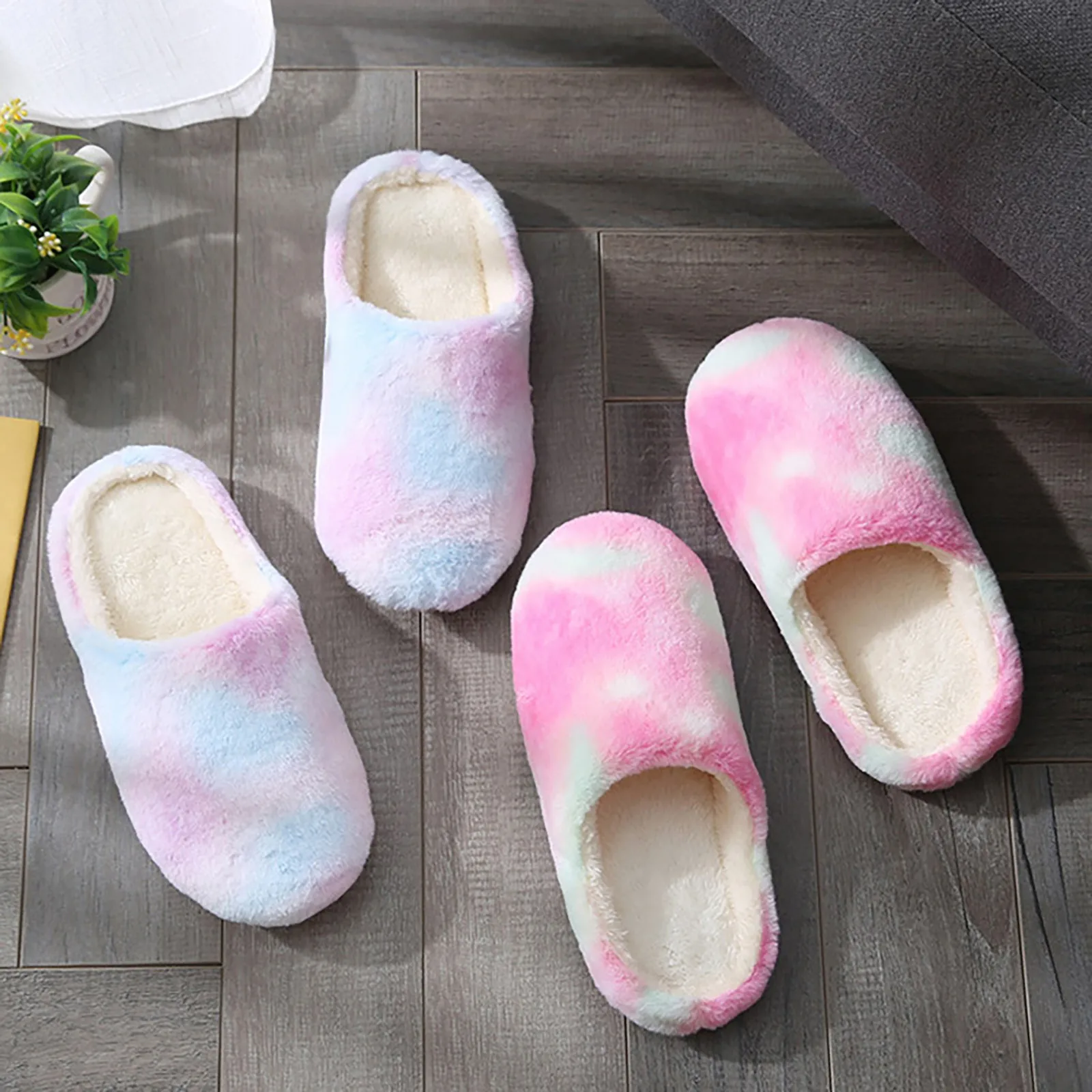 2023 Women Winter Indoor Warm Slippers Couples Fashion Tie-Dye Non-slip Soft Bottom Cotton Shoes Comfort Bedroom Slippers