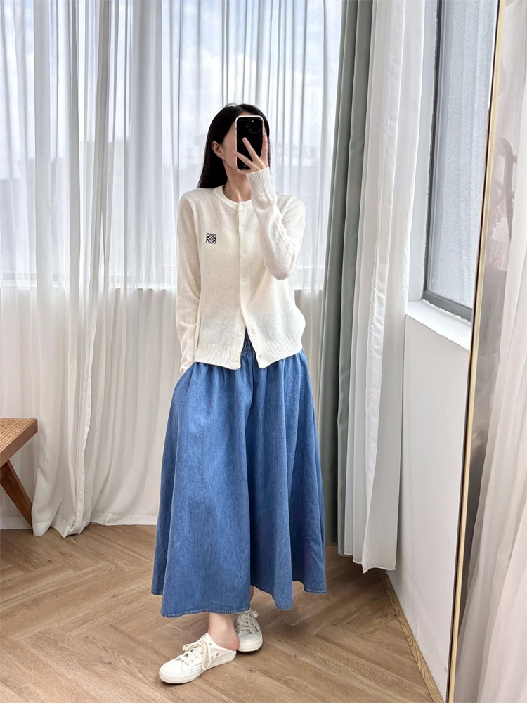 

Blue denim skirt with pleats, elastic waistband, large swing, high waist, casual, medium to long,M family girl clothes for women