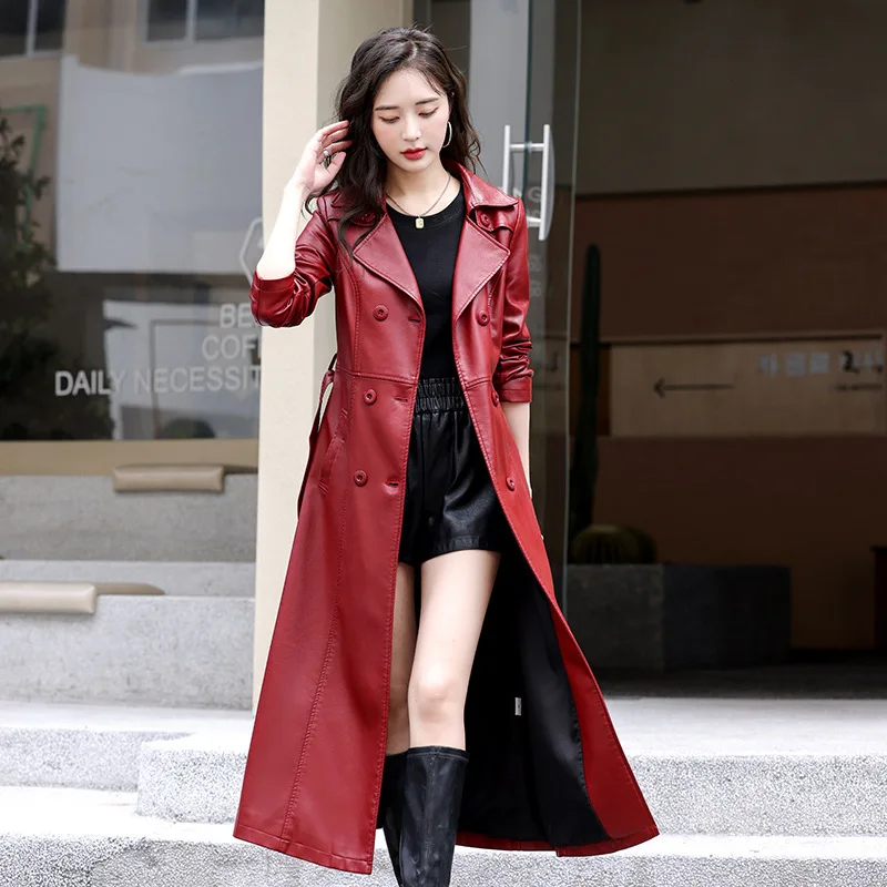 PU Lleather Jacket women's New Coat Spring Autumn Fashion Double Breasted Long Jacket Sheep Leather Overcoat Suede Outerwear