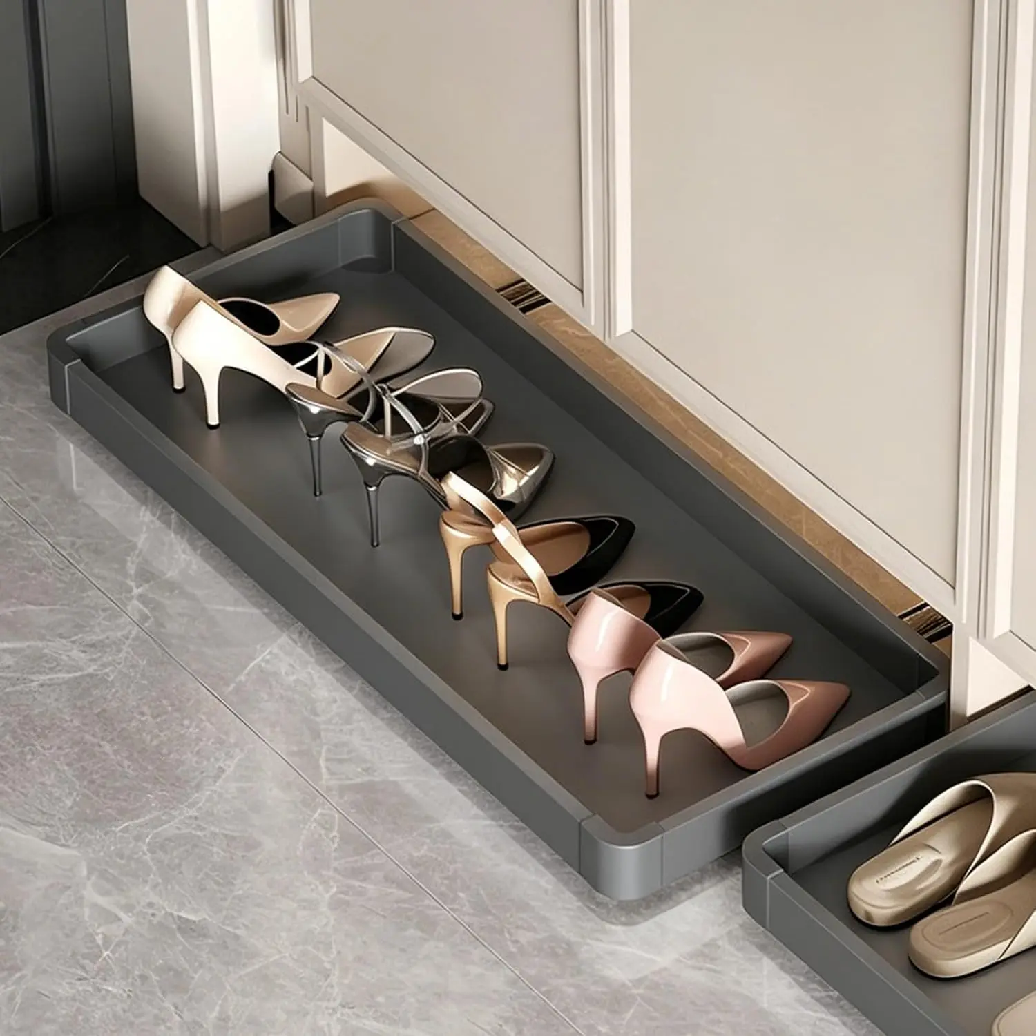 Pull Out Shoe Rack, Push-to-Open Sliding Tray for Entryway & Closet, Kick-to-Open Organizer, No-Drill Aluminum Frame, Customized