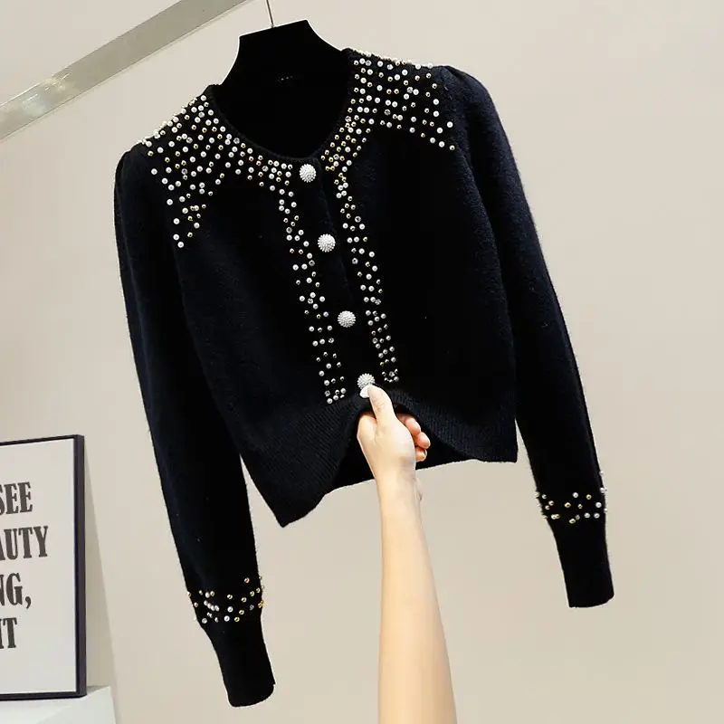 Cardigan à perles de diamants à col rond pour femmes, pull femme, vêtements assortis, doux, automne, hiver, nouveau, mode, 2023