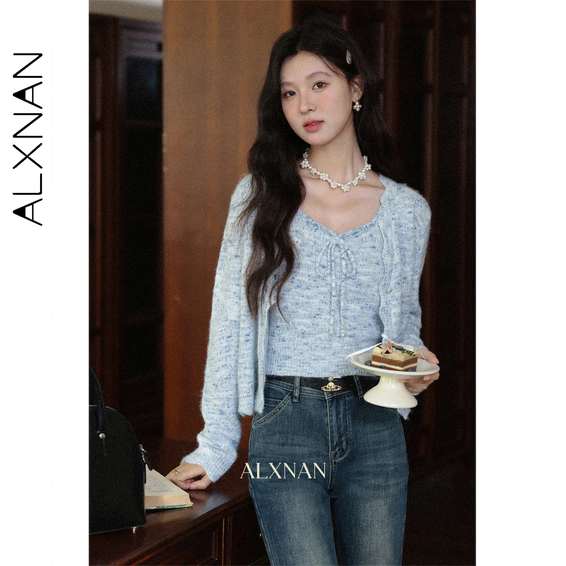 

ALXNAN Blue Cardigan Women Short Elegant Long Sleeve Knitwear 2025 Slim-fit Casual Cotton Lace Design Knitted Tops Female L57110