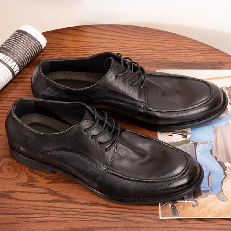Men's Casual Leather Shoes Youth Vintage Handmade Genuine Leather Trendy Business Dress Wedding Groom Derby Shoes Male