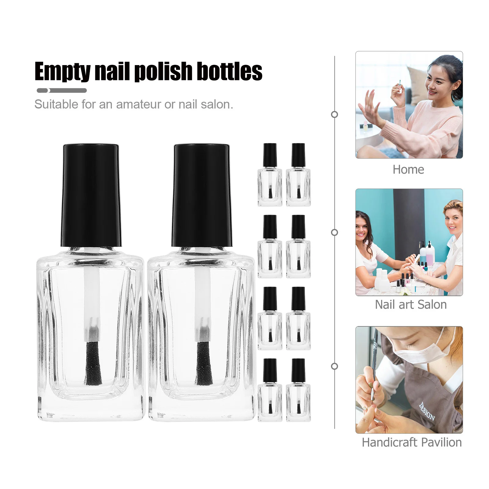 

15Pcs Glass Nail Polish Bottles Transparent Circular Flat Sides Black Cap Brush Suitable for DIY Nail Color Mixing