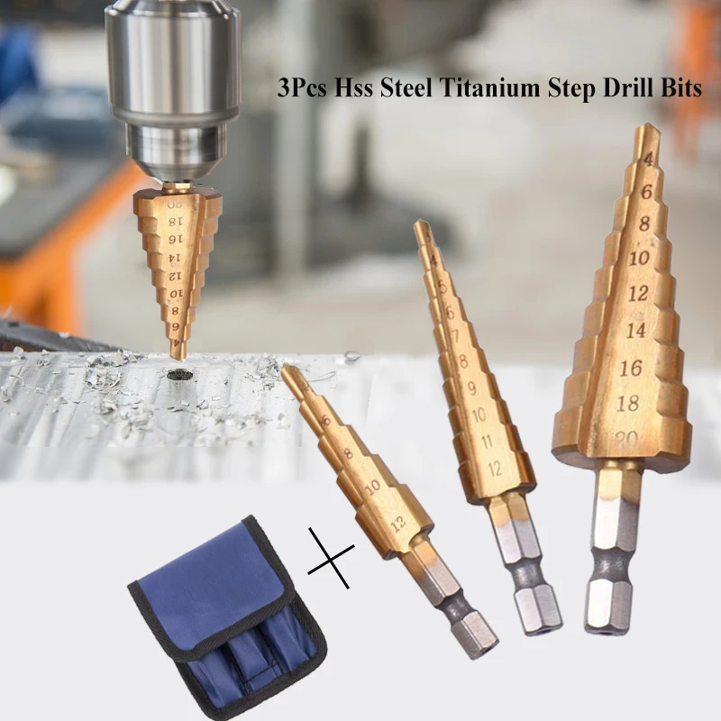 3pcs Hss Steel Titanium Step Drill Bits 3-12mm 4-12mm 4-20mm Step Cone Cutting Tools Steel Woodworking Wood Metal Drilling Set