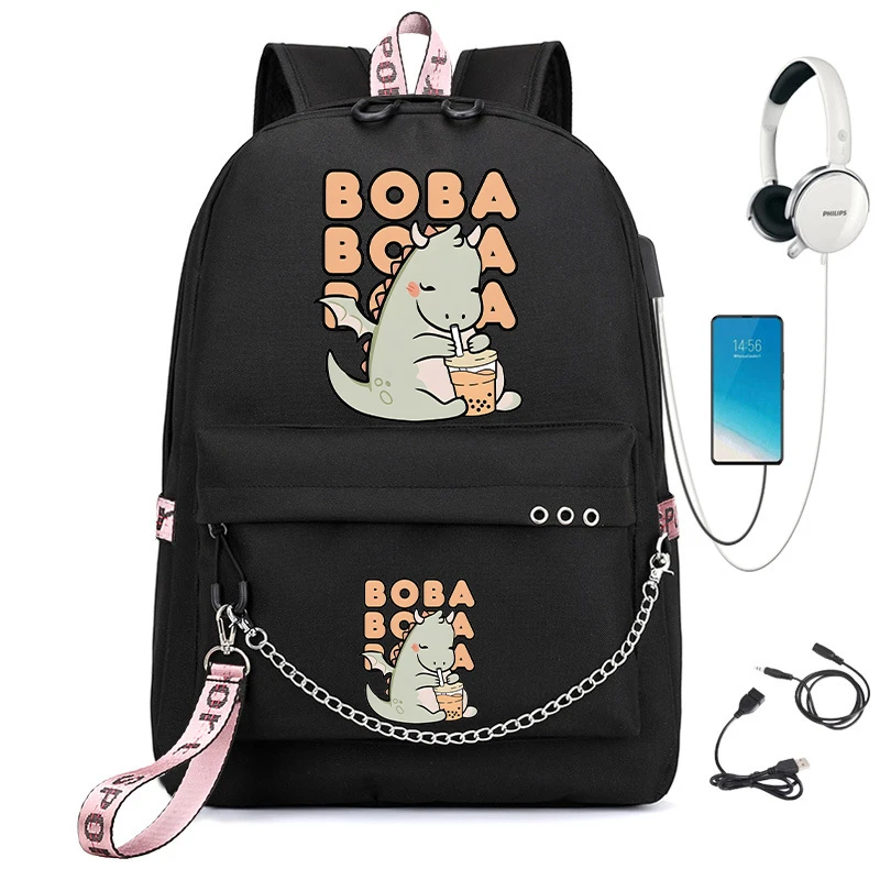 DINOSAUR BUBBLE MILK TEA Print School Bags for Student Teens Girls Backpack Cartoon Teenager Backpack Back To School Schoolbag