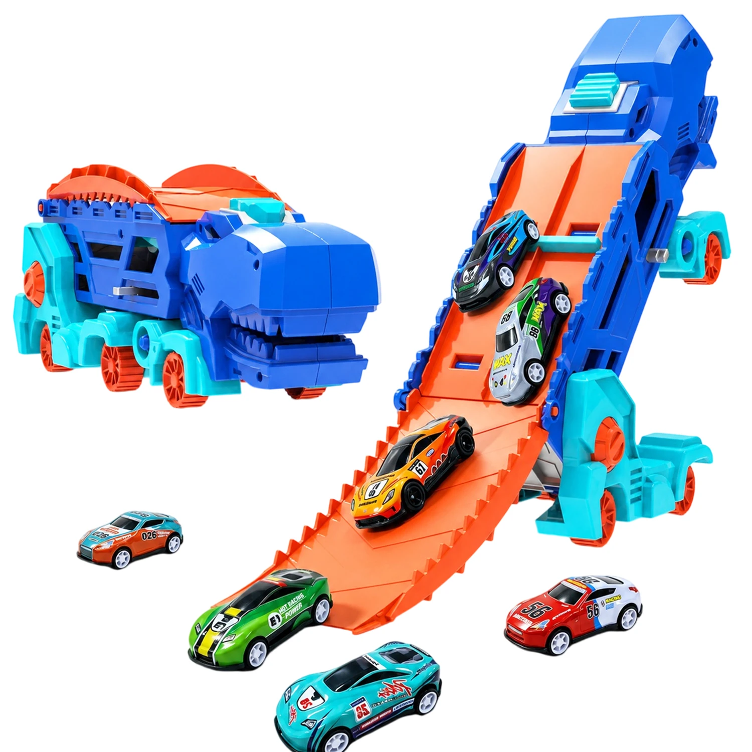 MQUDUO Dinosaur Race Track Car Carrier with Dual Racing Lanes, Vehicle Storage Truck, Random Color Mini Cars, Birthday Gift