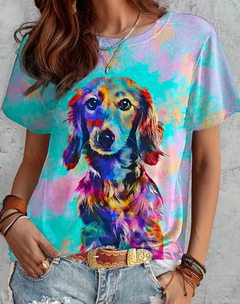 

Женская футболка с изображением животных, круглый вырез, короткий рукав, уличный повседневный топ с 3D принтом собаки, модная женская одежда больших размеров Y2K