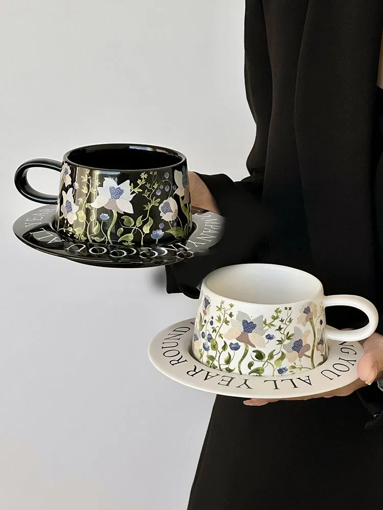 AhunderJiaz Shifan Vintage Suzuran Silver Flower Coffee Cups & Saucers Hand-painted Latte Cup Set Ceramic Mug Birthday Gift