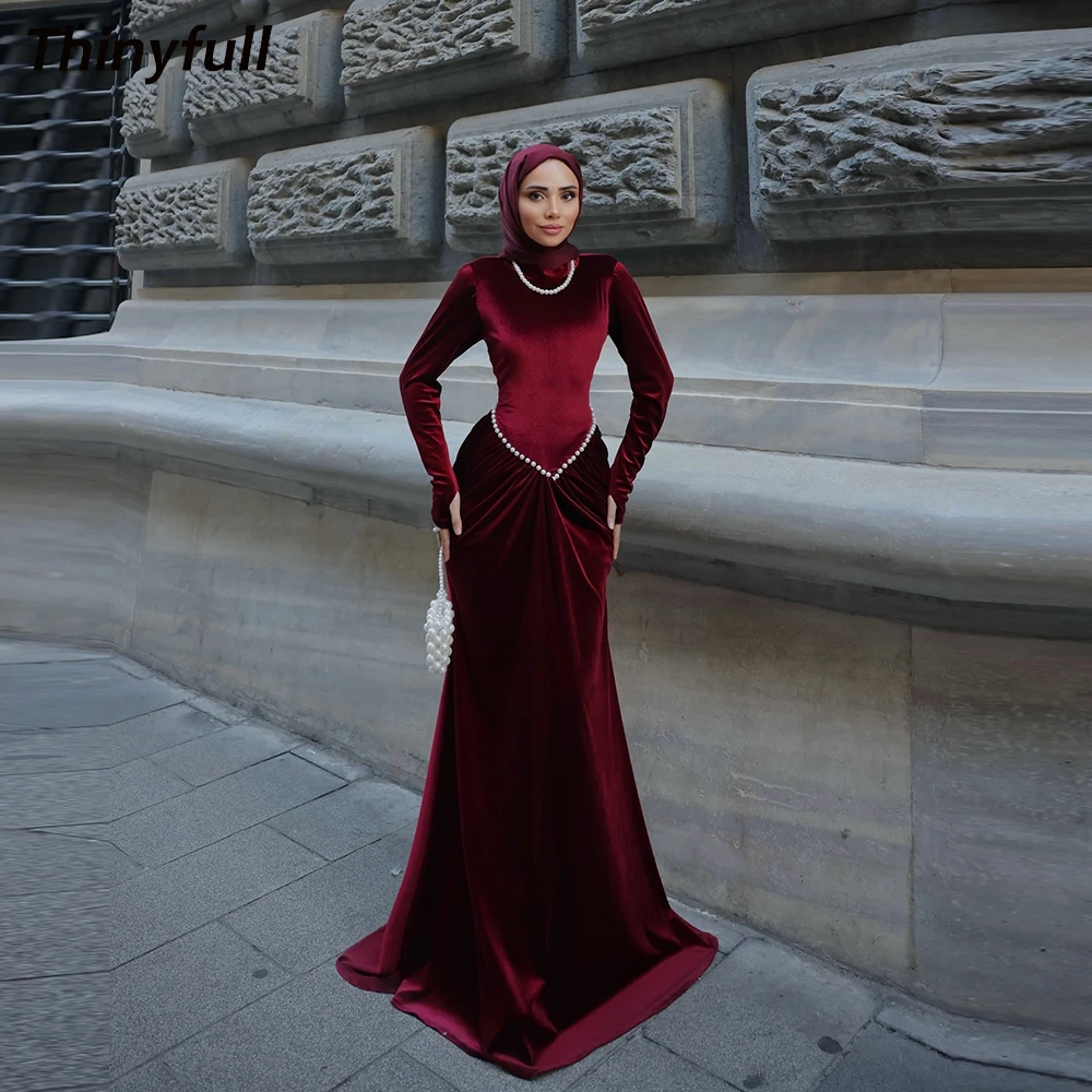 

Thinyfull Mermaid Velvet Muslim Prom Dresses Full Sleeves High Neck Pearls Evening Party Gowns Robe De Soirée Customized