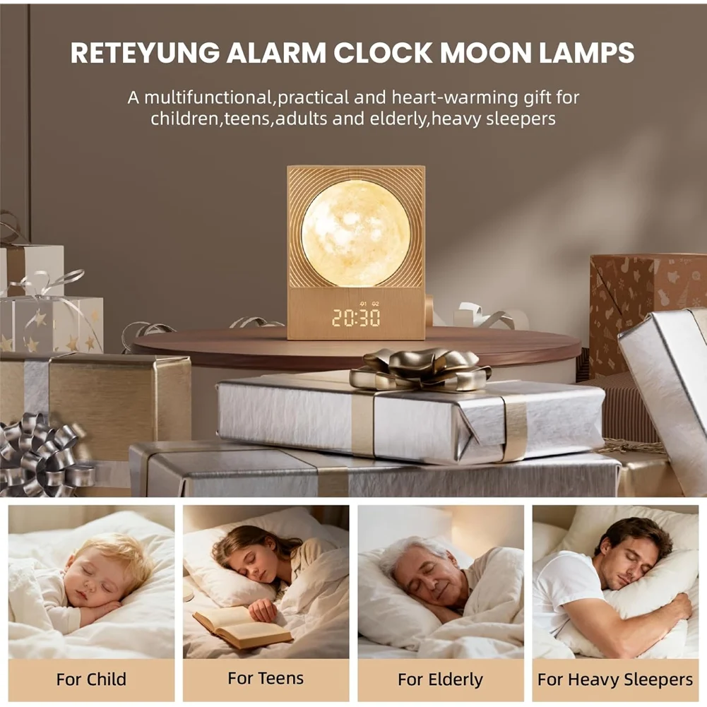 【EFFICIENT 】Gentle Wake-Up Rotatable Moon Light Alarm Clock For Heavy Sleepers, Sunrise Function Night Lamp For Bedrooms view 2