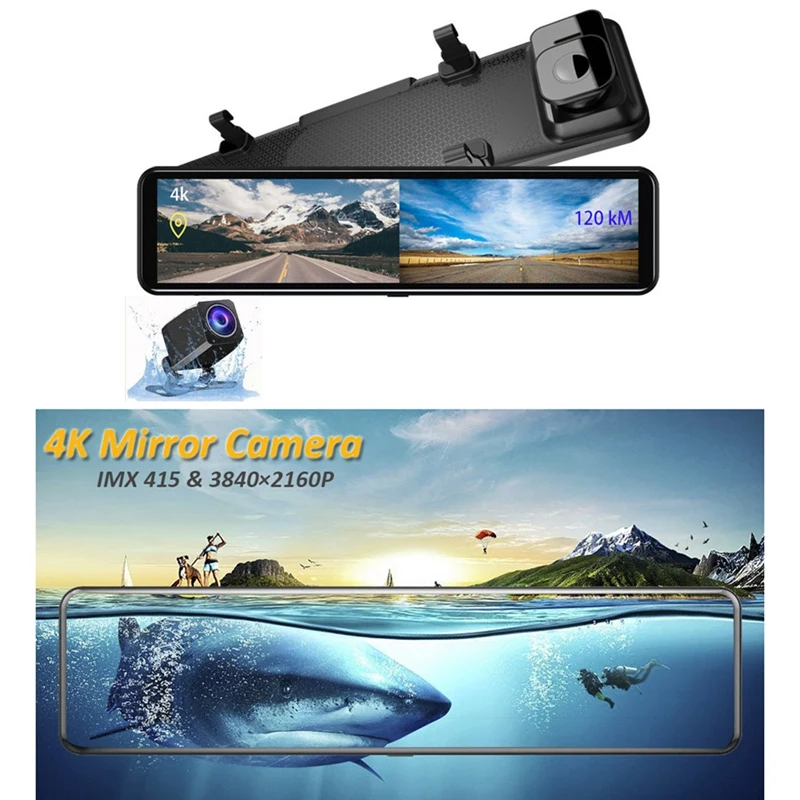 4K Dash Cam 12 Inch Stream Media Rear View Mirror 2160P Ultra HD Wifi Car Dvr Dual Lens Camera