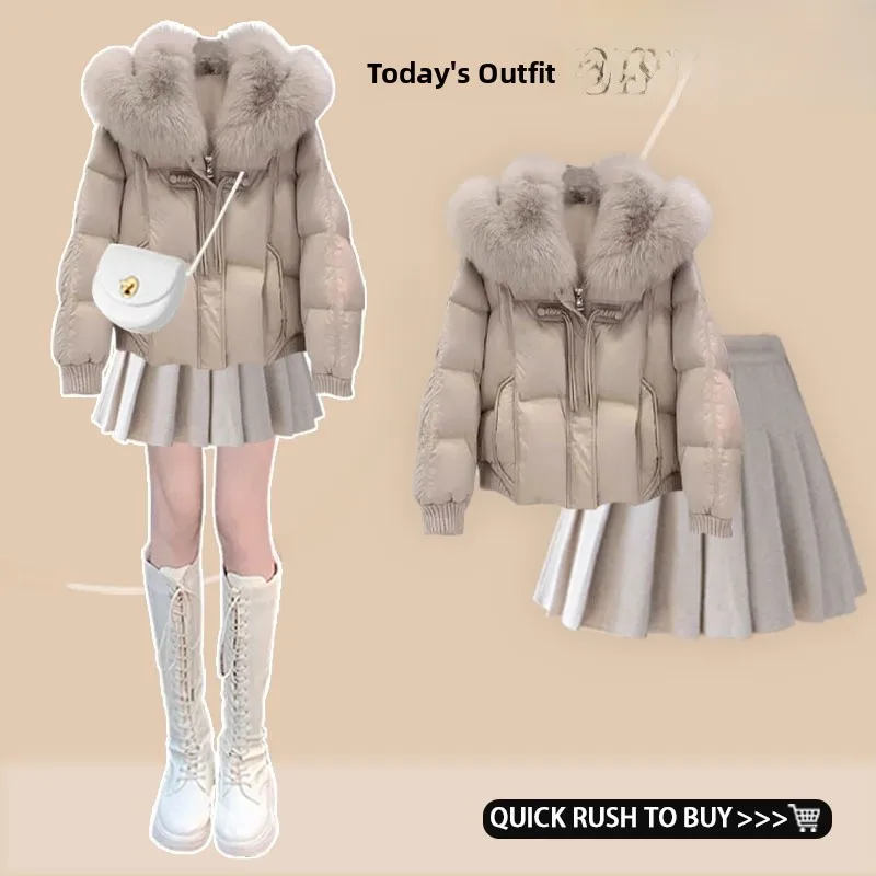 

Faionable ort down Jaet Outerwear And Skirt Set College Sle Versatile High-End Feeling Two-Piece Set for Women