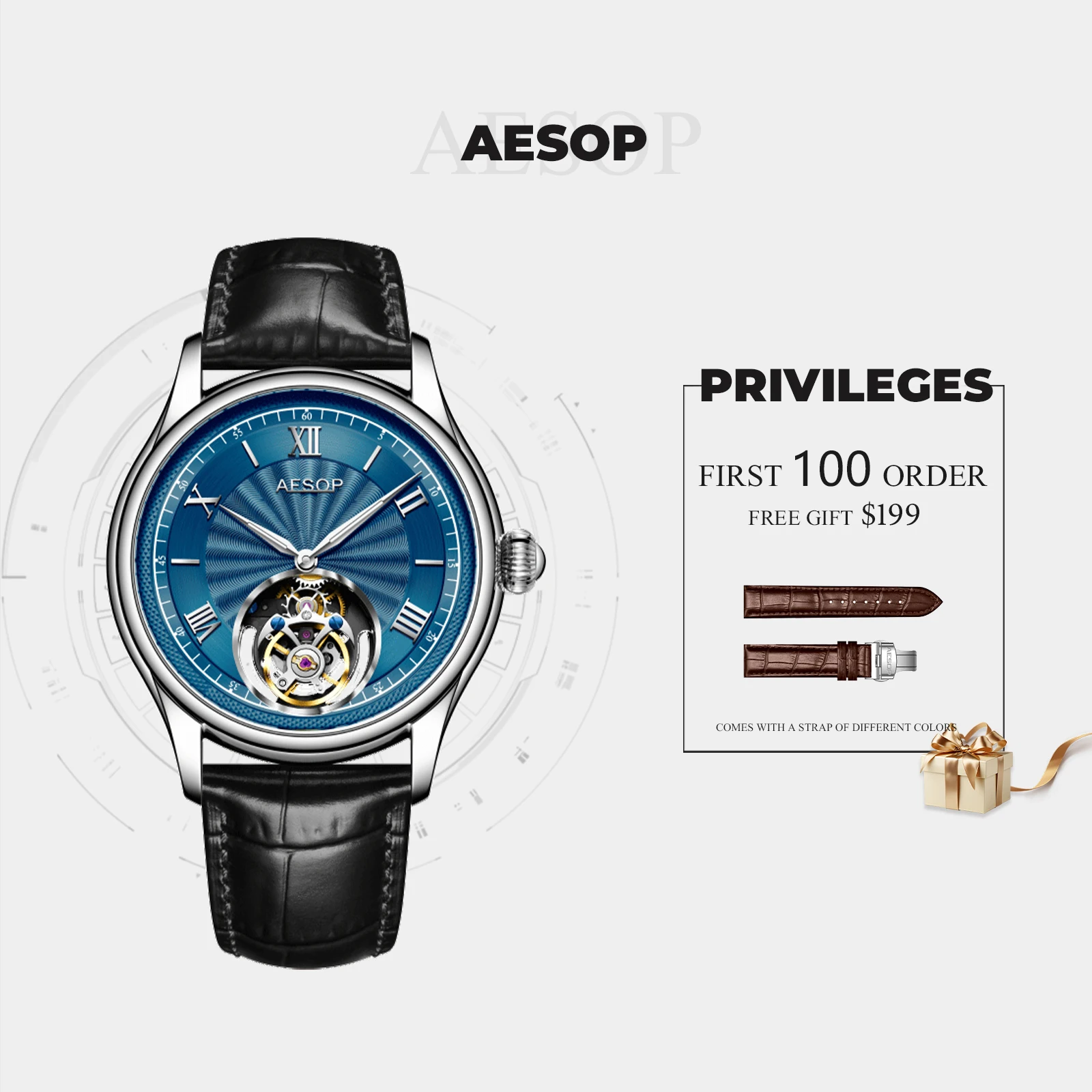 ساعة ايسوب التلقائية توربيون الراقية الياقوت الفولاذ المقاوم للصدأ مقاوم للماء ساعات المعصم الميكانيكية للرجال هدية